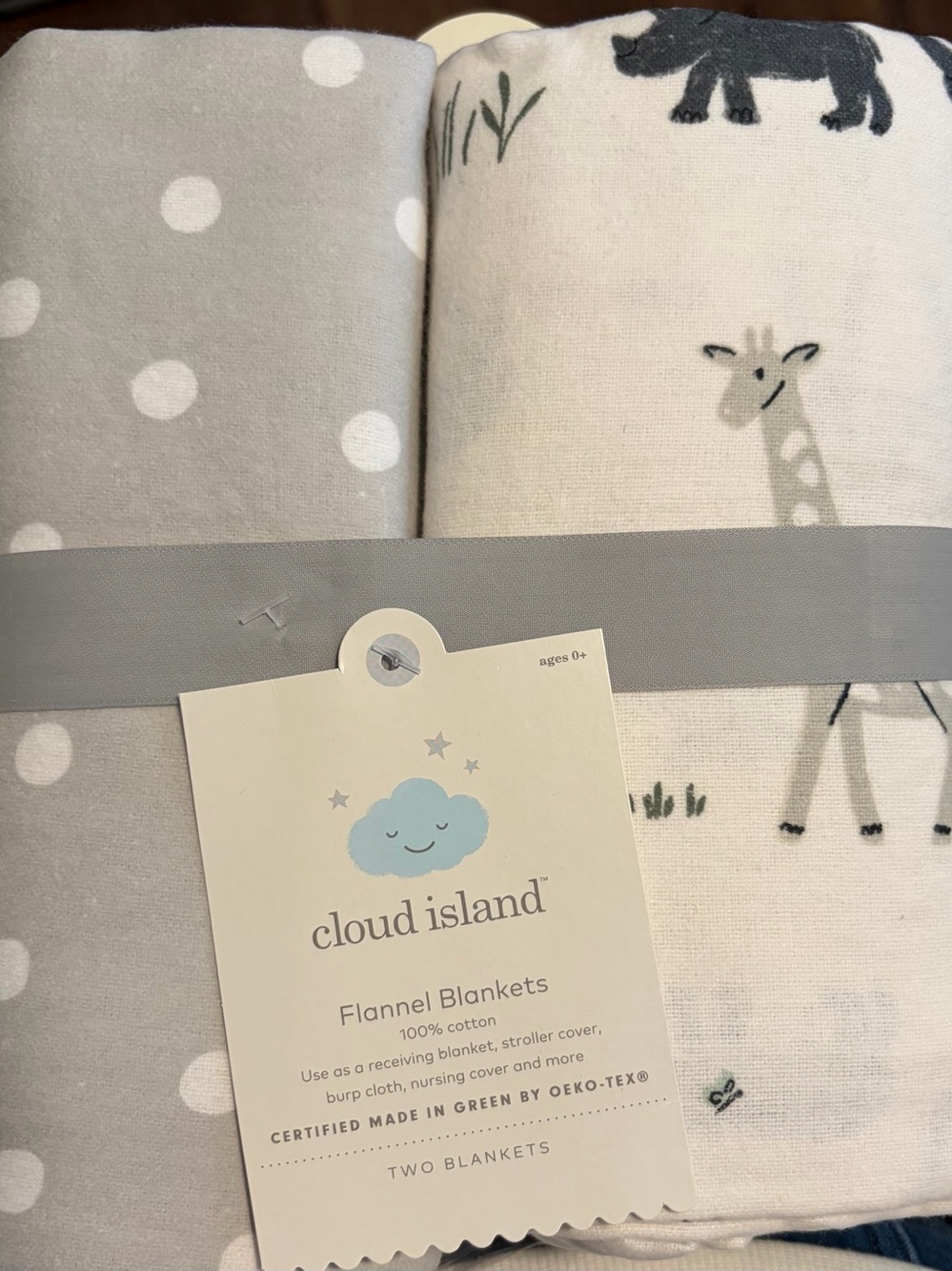 Cloud Island Gray Polka Dot & White Giraffe Flannel Baby Blankets - 2 Pack